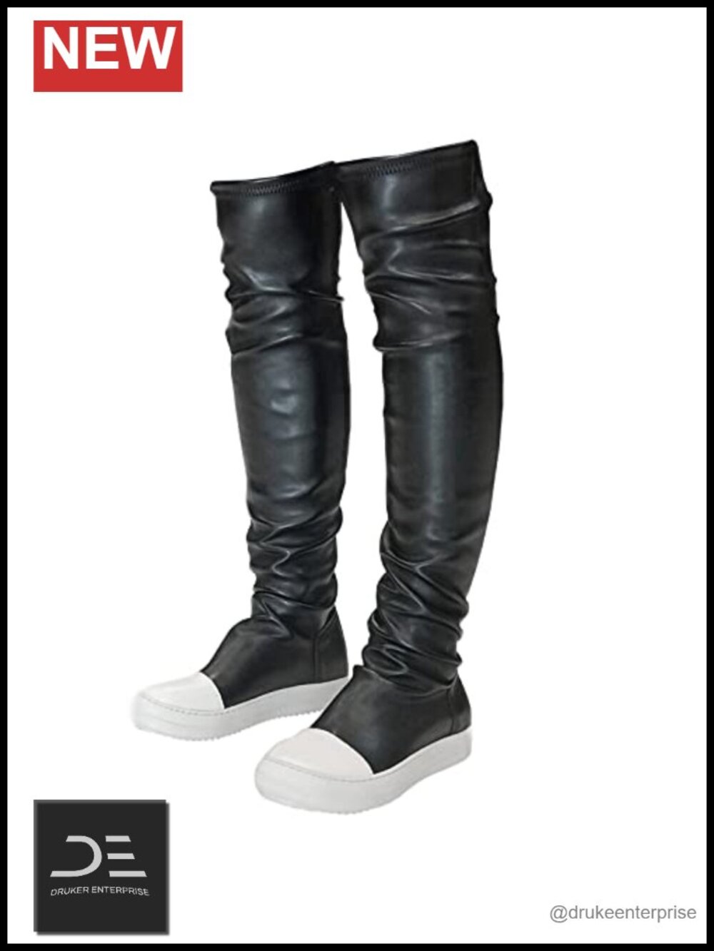 Thigh High Boots for Women Flat Over The Knee Round Toe PU Leather